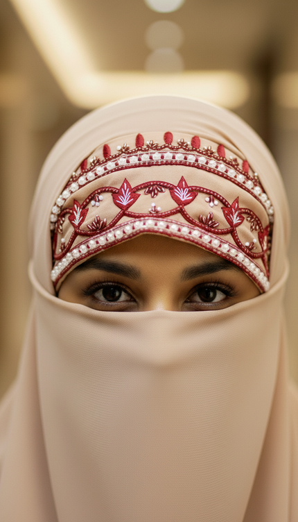 Handwork Designer Hijab White - Wool Peach imported korean chiffon