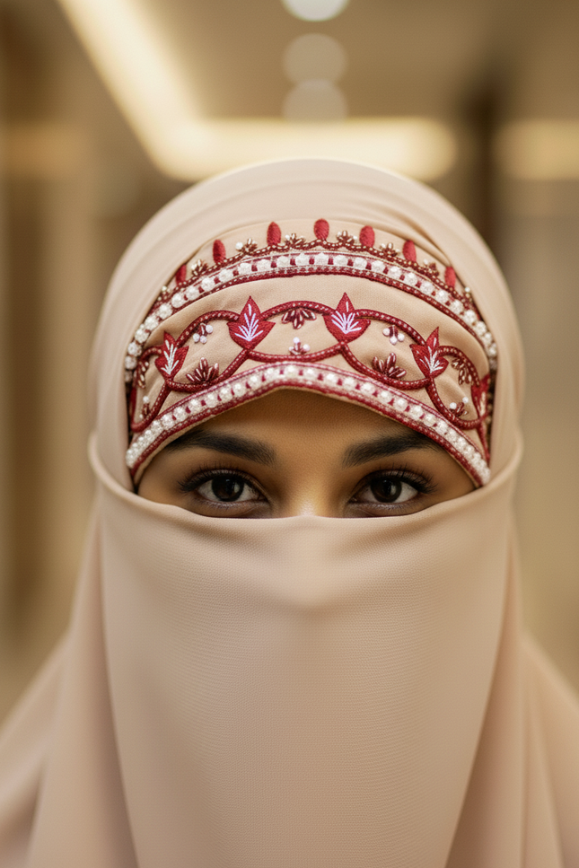 Handwork Designer Hijab White - Wool Peach imported korean chiffon