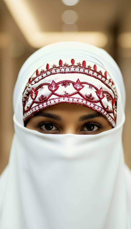 Handwork Designer Hijab White - Wool Peach imported korean chiffon