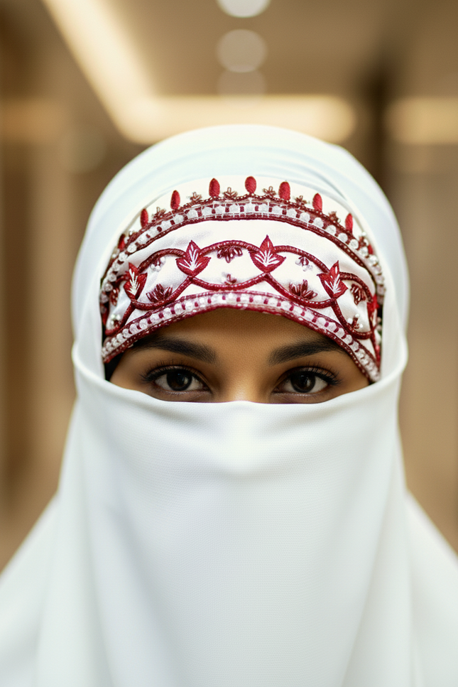 Handwork Designer Hijab White - Wool Peach imported korean chiffon