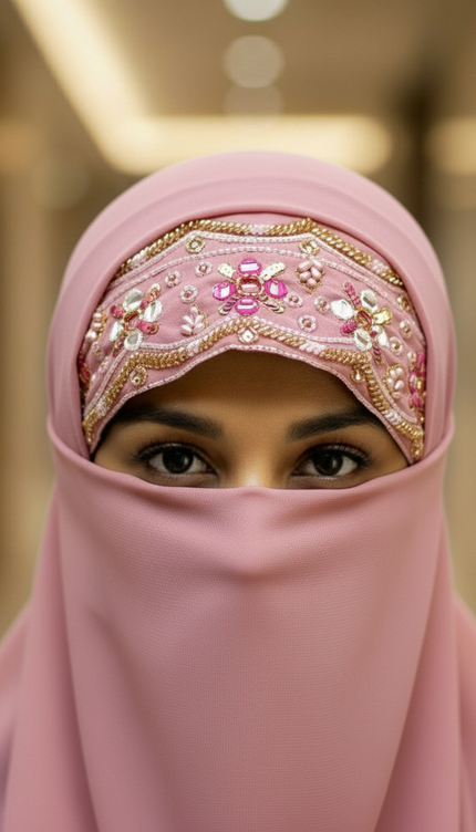 Handwork Designer Hijab powder pink - Wool Peach imported korean chiffon