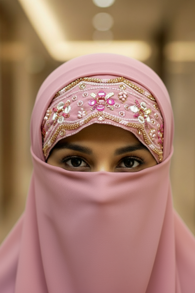 Handwork Designer Hijab powder pink - Wool Peach imported korean chiffon