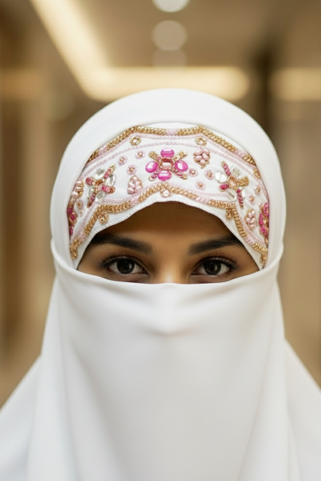 Handwork Designer Hijab powder pink - Wool Peach imported korean chiffon