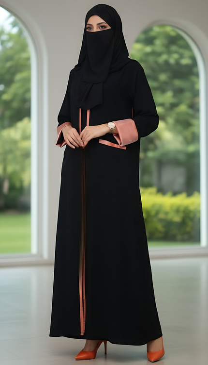 Black A-Line Semi-Jacket Abaya Shimmer Trim & Pockets | Modest Elegance