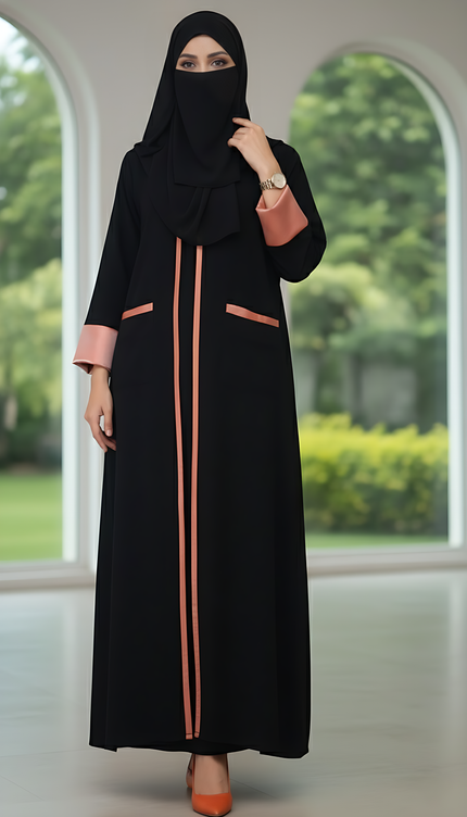 Black A-Line Semi-Jacket Abaya Shimmer Trim & Pockets | Modest Elegance
