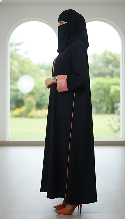Black A-Line Semi-Jacket Abaya Shimmer Trim & Pockets | Modest Elegance