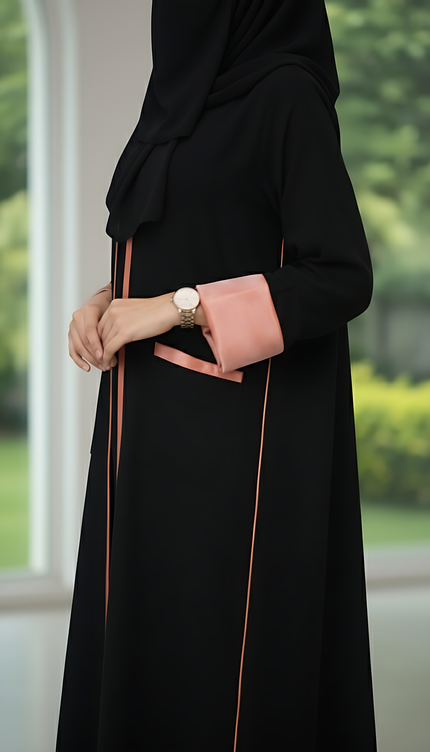 Black A-Line Semi-Jacket Abaya Shimmer Trim & Pockets | Modest Elegance