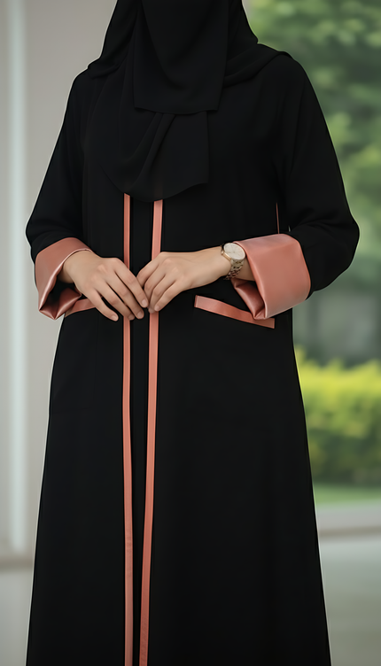 Black A-Line Semi-Jacket Abaya Shimmer Trim & Pockets | Modest Elegance
