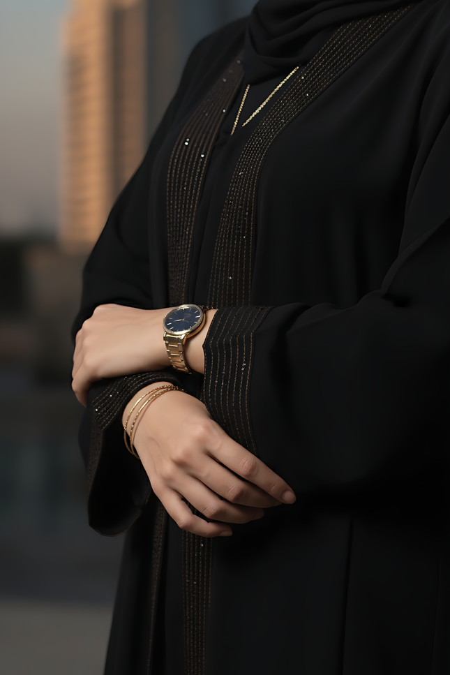 Black Semi-Jacket Abaya Set Placket Embroidery & Stick Stone Detail Mother & Daughter combo