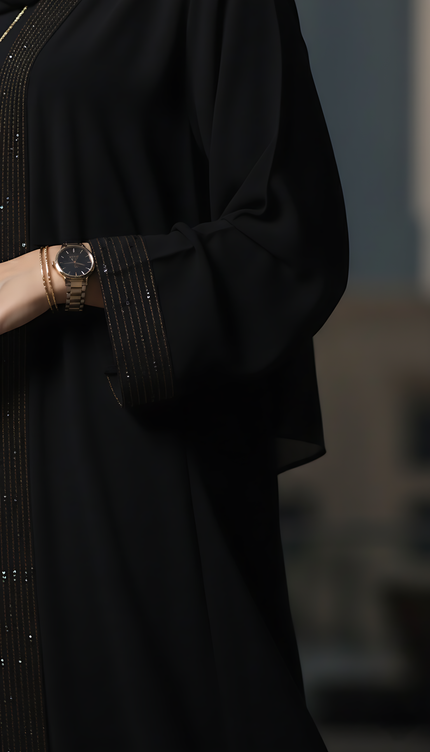 Black Semi-Jacket Abaya Set Placket Embroidery & Stick Stone Detail Mother & Daughter combo