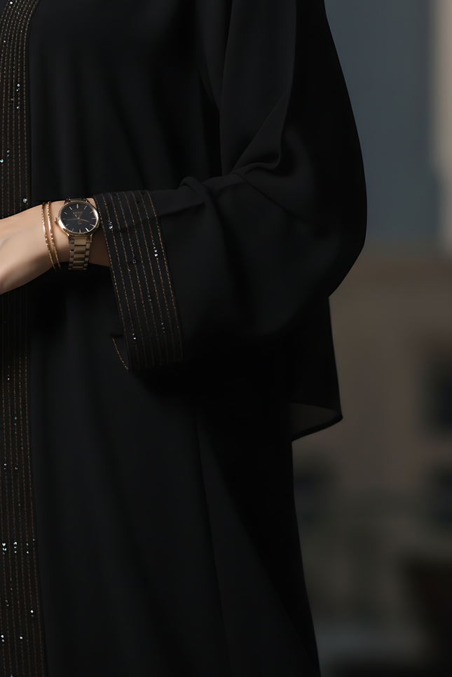 Black Semi-Jacket Abaya Set Placket Embroidery & Stick Stone Detail Mother & Daughter combo