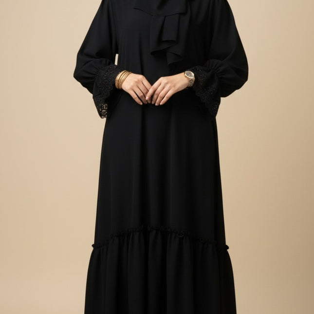 Black Fancy Sleeves Abaya with Drawstring Cuffs, Frills & Tiered Ruffles - Daily Wear Abaya- Using Imported Korean Nida