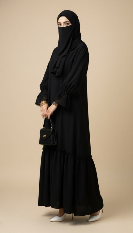 Black Fancy Sleeves Abaya with Drawstring Cuffs, Frills & Tiered Ruffles - Daily Wear Abaya- Using Imported Korean Nida