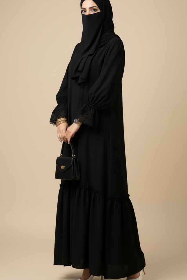 Black Fancy Sleeves Abaya with Drawstring Cuffs, Frills & Tiered Ruffles - Daily Wear Abaya- Using Imported Korean Nida