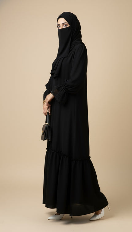 Black Fancy Sleeves Abaya with Drawstring Cuffs, Frills & Tiered Ruffles - Daily Wear Abaya- Using Imported Korean Nida
