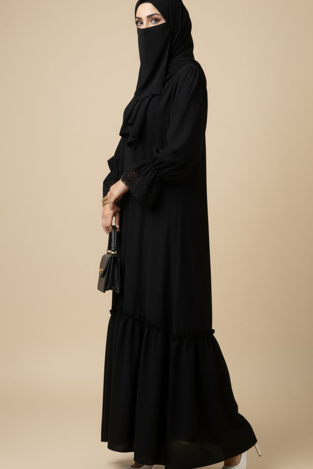 Black Fancy Sleeves Abaya with Drawstring Cuffs, Frills & Tiered Ruffles - Daily Wear Abaya- Using Imported Korean Nida
