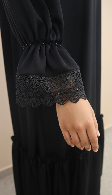 Black Fancy Sleeves Abaya with Drawstring Cuffs, Frills & Tiered Ruffles - Daily Wear Abaya- Using Imported Korean Nida