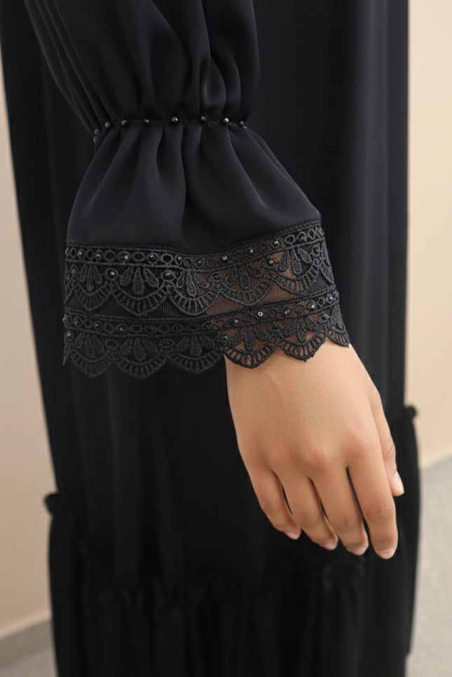 Black Fancy Sleeves Abaya with Drawstring Cuffs, Frills & Tiered Ruffles - Daily Wear Abaya- Using Imported Korean Nida