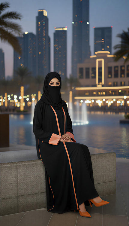 Black A-Line Semi-Jacket Abaya Shimmer Trim & Pockets | Modest Elegance