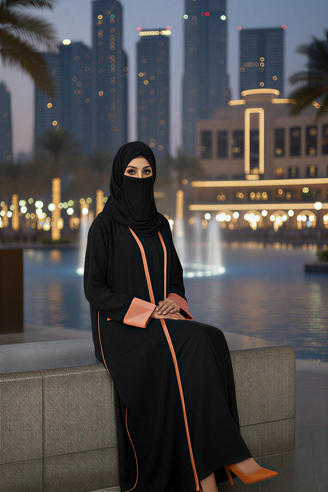 Black A-Line Semi-Jacket Abaya Shimmer Trim & Pockets | Modest Elegance