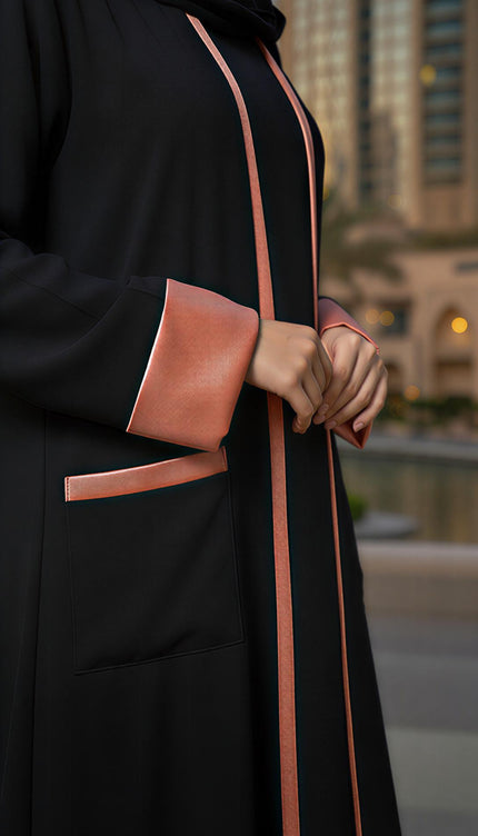 Black A-Line Semi-Jacket Abaya Shimmer Trim & Pockets | Modest Elegance