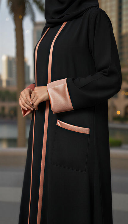 Black A-Line Semi-Jacket Abaya Shimmer Trim & Pockets | Modest Elegance
