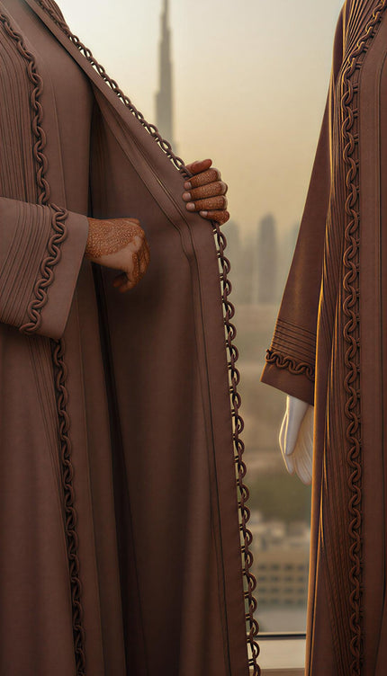 Luxury Mocha Semi Jacket-Style Abaya | Fabric Manipulation Design in Premium Imported Korean Nida