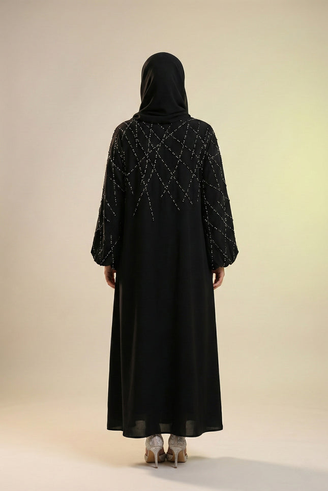 Black A-Line Abaya with Abstract Embroidery| Premium Modestwear