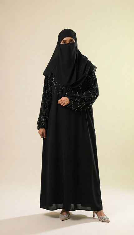 Black A-Line Abaya with Abstract Embroidery| Premium Modestwear