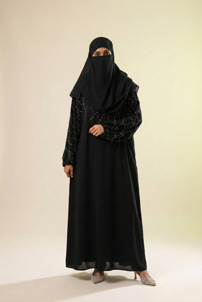 Black A-Line Abaya with Abstract Embroidery| Premium Modestwear