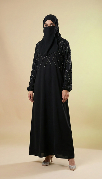 Black A-Line Abaya with Abstract Embroidery| Premium Modestwear