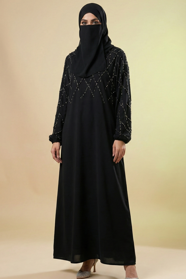 Black A-Line Abaya with Abstract Embroidery| Premium Modestwear