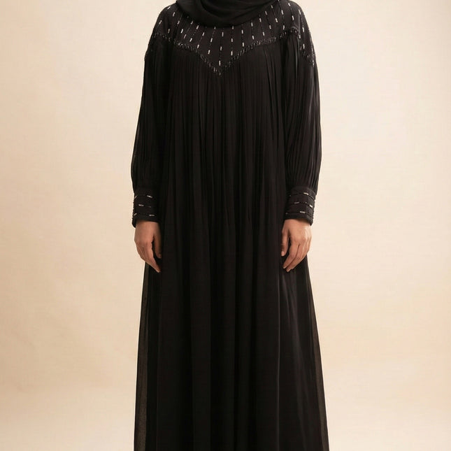 Black Chiffon & Net Abaya with Front & Back Handwork | Designer Statement