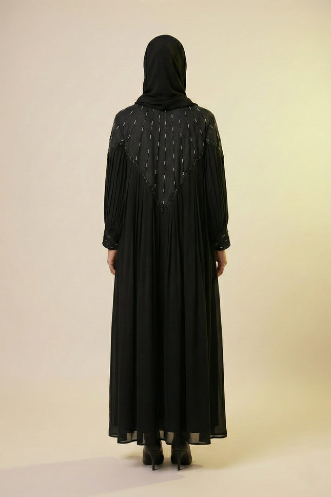 Black Chiffon & Net Abaya with Front & Back Handwork | Designer Statement
