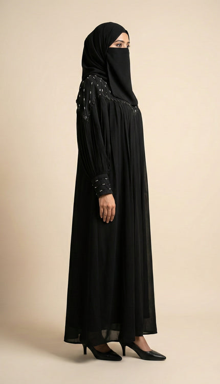 Black Chiffon & Net Abaya with Front & Back Handwork | Designer Statement