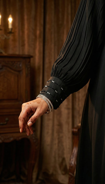 Black Chiffon & Net Abaya with Front & Back Handwork | Designer Statement