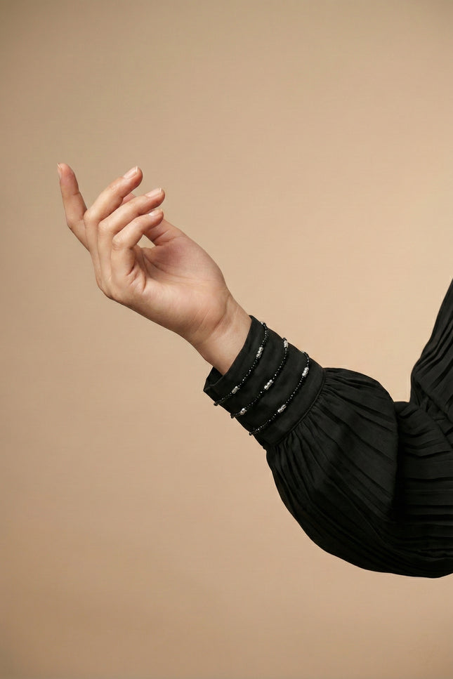 Black Chiffon & Net Abaya with Front & Back Handwork | Designer Statement