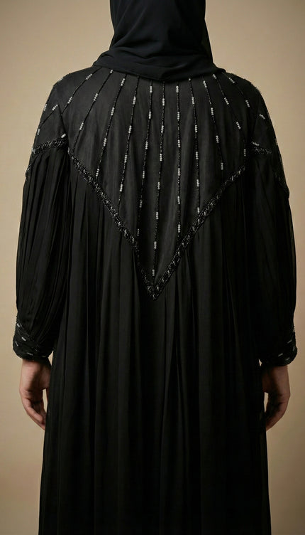 Black Chiffon & Net Abaya with Front & Back Handwork | Designer Statement