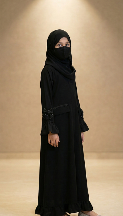 Black Bow Abaya – Imported Korean Nida | Elegant Modest Wear for Girls