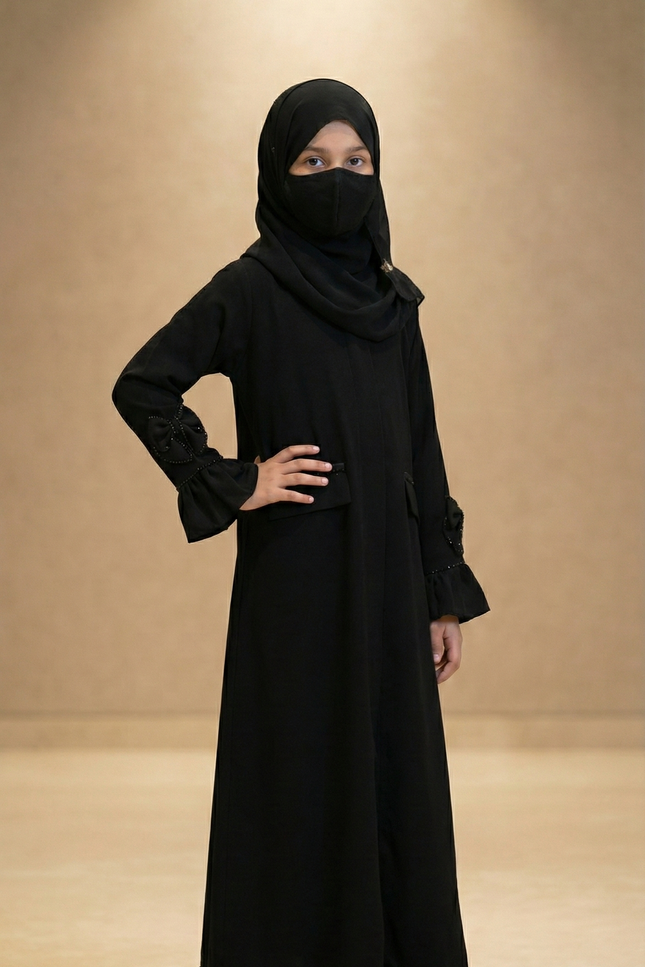 Black Bow Abaya – Imported Korean Nida | Elegant Modest Wear for Girls