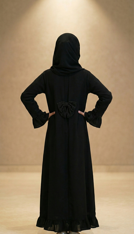 Black Bow Abaya – Imported Korean Nida | Elegant Modest Wear for Girls