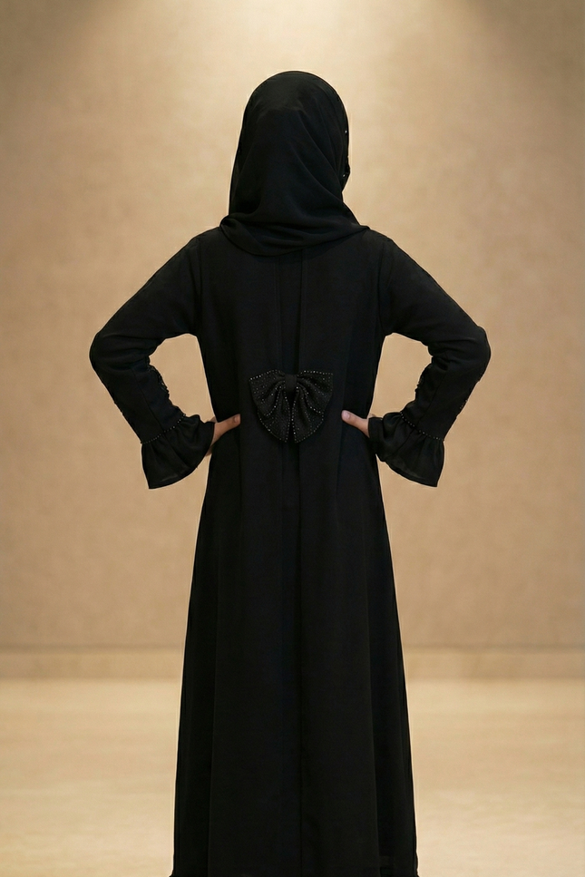 Black Bow Abaya – Imported Korean Nida | Elegant Modest Wear for Girls