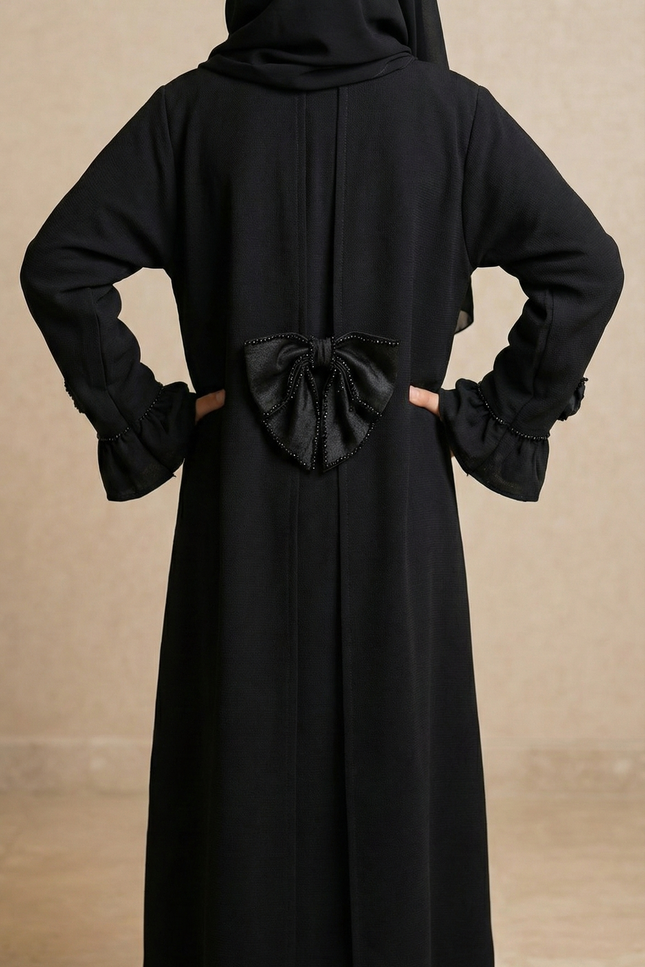 Black Bow Abaya – Imported Korean Nida | Elegant Modest Wear for Girls
