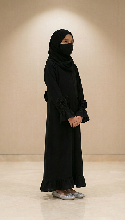 Black Bow Abaya – Imported Korean Nida | Elegant Modest Wear for Girls