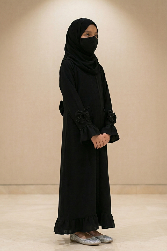 Black Bow Abaya – Imported Korean Nida | Elegant Modest Wear for Girls