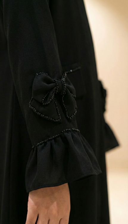 Black Bow Abaya – Imported Korean Nida | Elegant Modest Wear for Girls