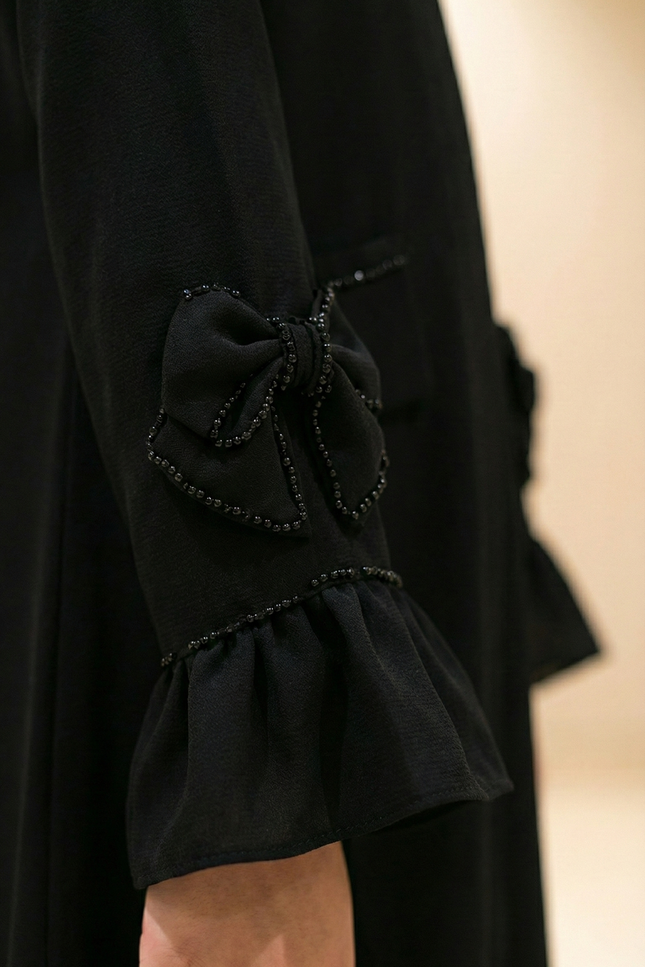 Black Bow Abaya – Imported Korean Nida | Elegant Modest Wear for Girls