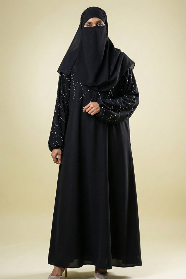 Black A-Line Abaya with Abstract Embroidery| Premium Modestwear