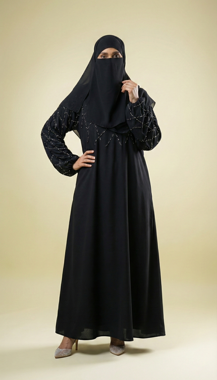 Black A-Line Abaya with Abstract Embroidery| Premium Modestwear