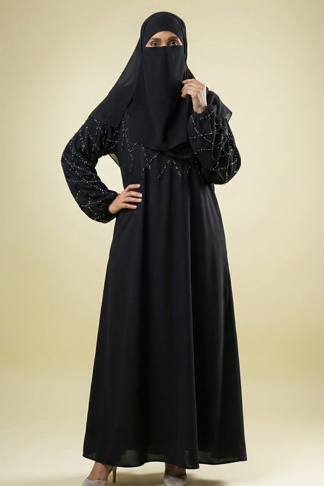 Black A-Line Abaya with Abstract Embroidery| Premium Modestwear